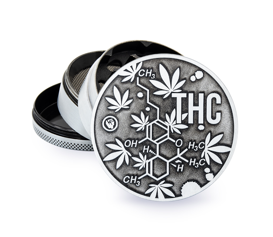 Metal Grinder Silver THC Molecules (⌀60 mm / 4-parts)